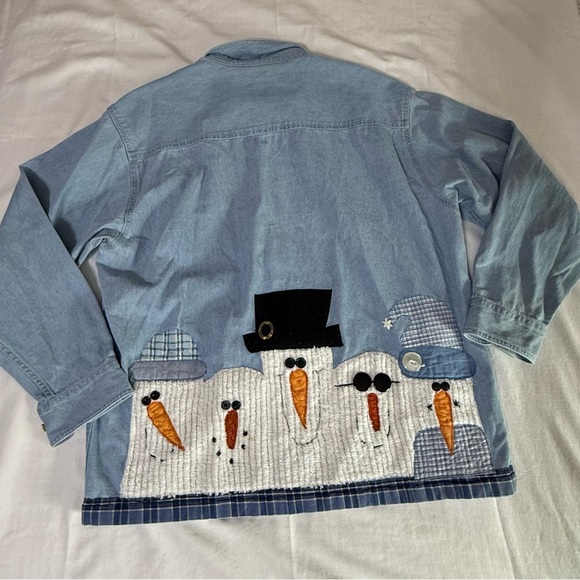 Allsport Denim Jean Shirt Size Large Longsleeve  Women Snowman Applique Granny - Picture 10 of 10